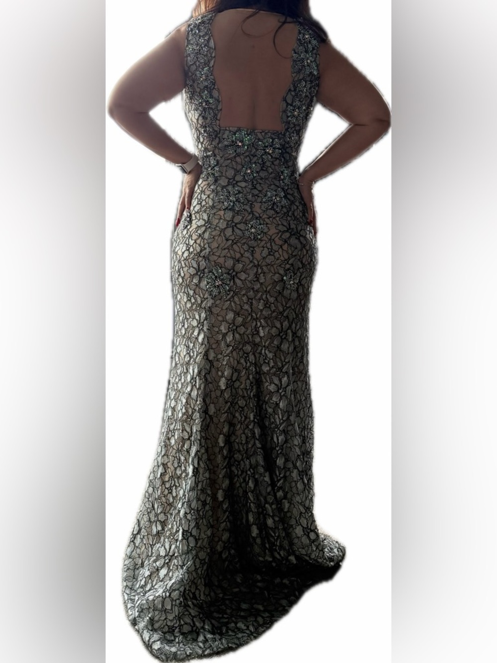 Jovani Teal Lace and Sequin Maxi Gown - Picture 4 of 4
